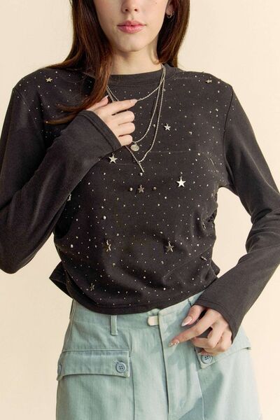 Davi & Dani Side Ruched Rhinestone and Star Detail Round Neck Top - Drazelle Store