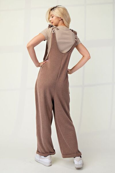 Celeste Full Size Ribbed Leopard Tied Shoulder Overalls - Drazelle Store