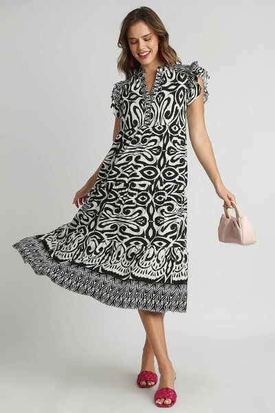 Two Tone Border Print Ruffle Cap Sleeve Midi Dress - Drazelle Store