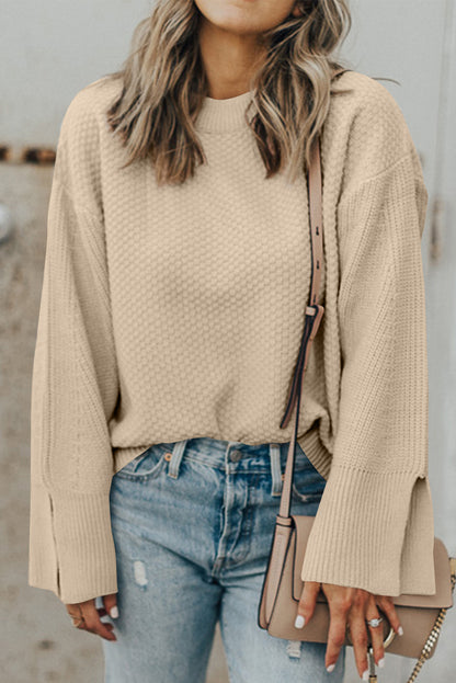 Textured Round Neck Long Sleeve Sweater - Drazelle Store