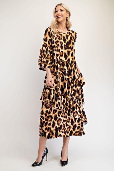 Celeste Full Size Leopard Asymmetrical Ruffle Midi Dress - Drazelle Store