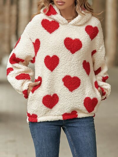 Fuzzy Heart Pocketed Dropped Shoulder Hoodie - Drazelle Store