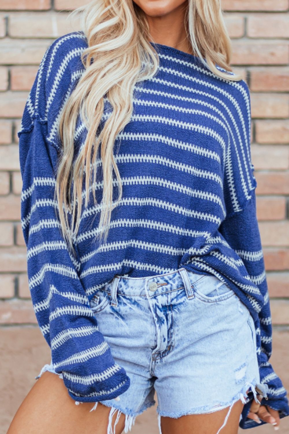 Striped Round Neck Dropped Shoulder Sweater - Drazelle Store