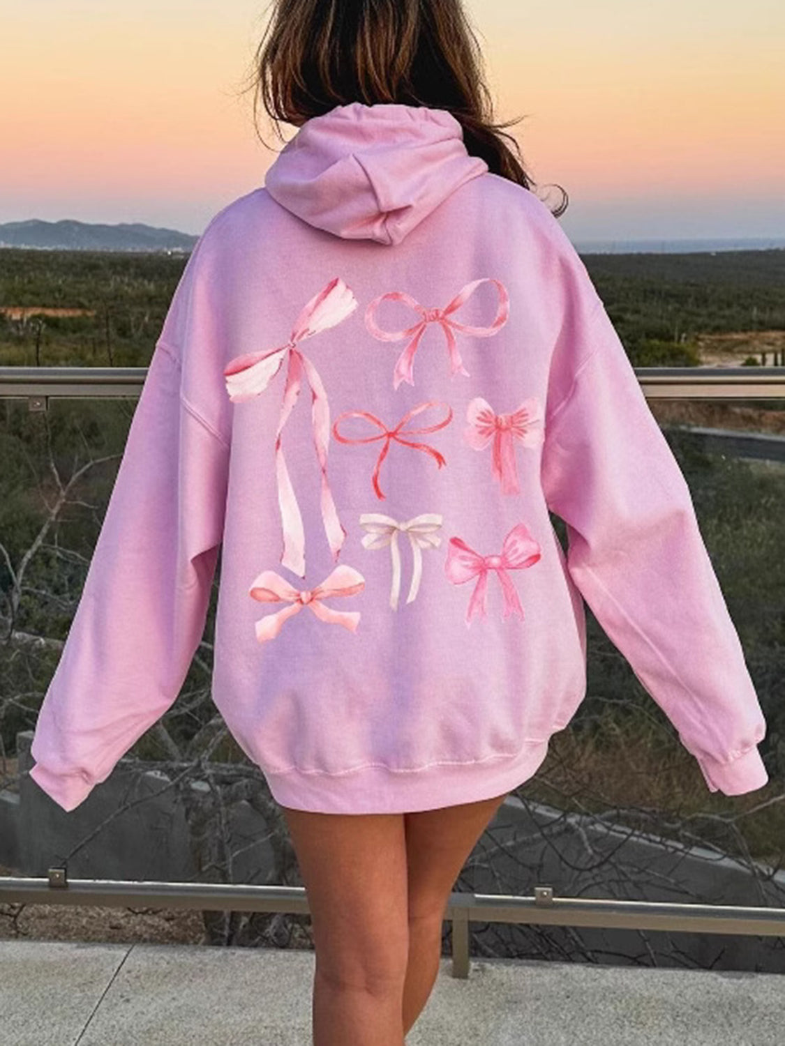 Bow Print Long Sleeve Hoodie - Drazelle Store