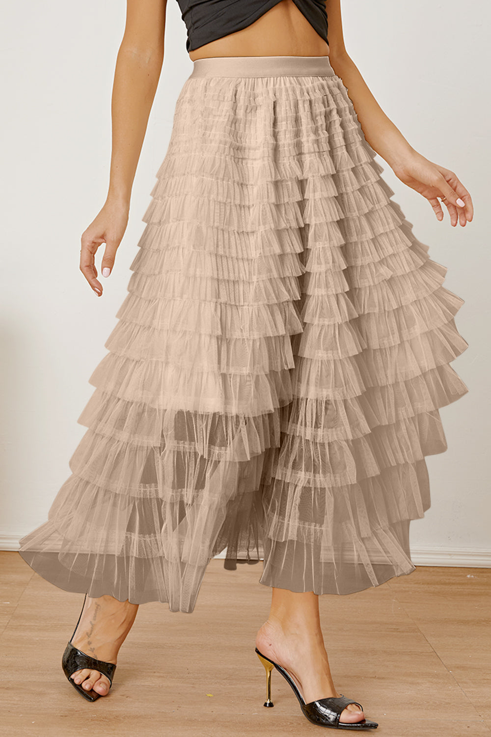 Ruched High Waist Tiered Skirt - Drazelle Store