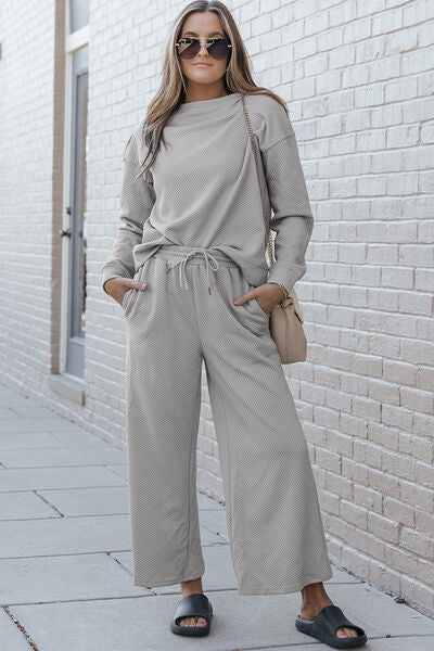 Double Take Full Size Textured Long Sleeve Top and Drawstring Pants Set - Drazelle Store