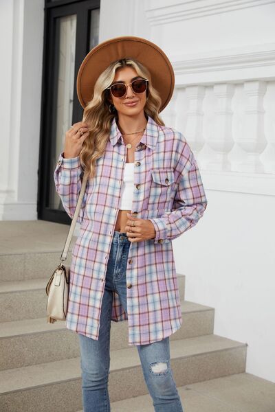 Plaid Collared Neck Long Sleeve Shirt - Drazelle Store