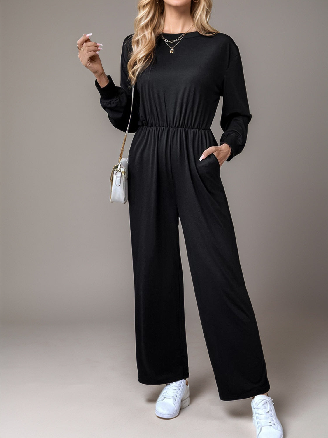 Tied Round Neck Wide Leg Jumpsuit - Drazelle Store