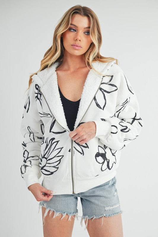 Flower Print Zip Up Sherpa Hoodie - Drazelle Store