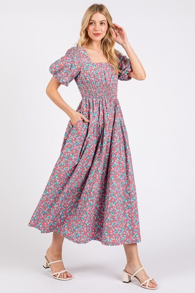 Mittoshop Smocked Floral Square Neck Puff Sleeve Midi Dress - Drazelle Store