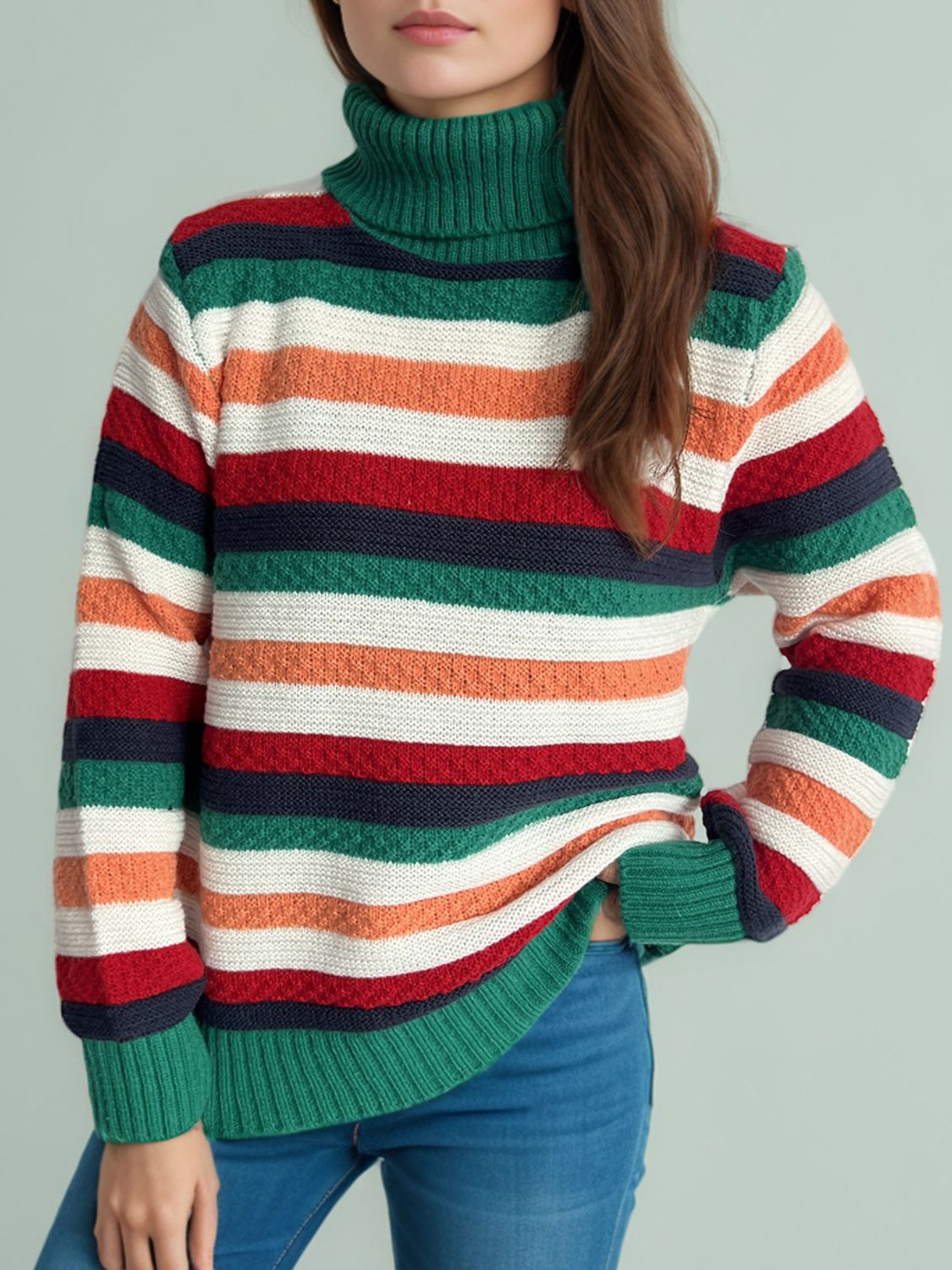 Contrast Stripes Turtleneck Long Sleeve Sweater - Drazelle Store