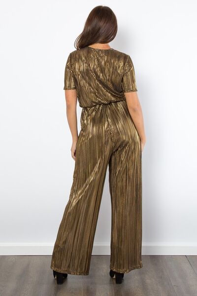 Be Stage Surplice Short Sleeve Pleated Foil Jumpsuit - Drazelle Store