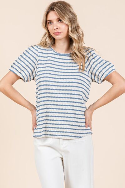 Mittoshop Contrast Striped Short Puff Sleeve Knit Top - Drazelle Store