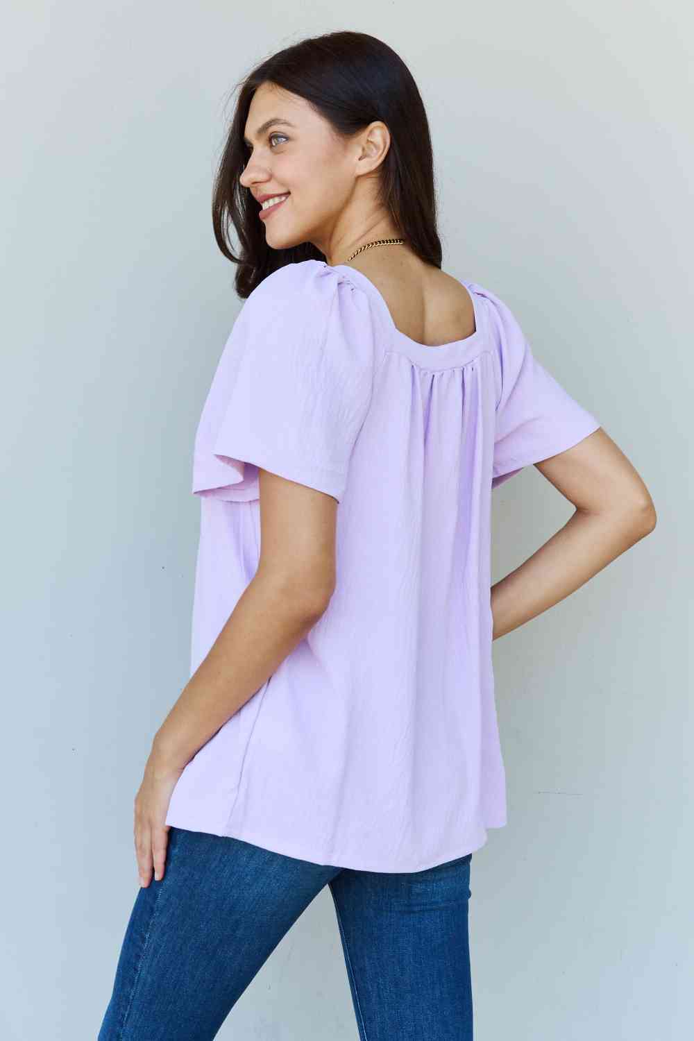 Ninexis Keep Me Close Square Neck Short Sleeve Blouse in Lavender - Drazelle Store