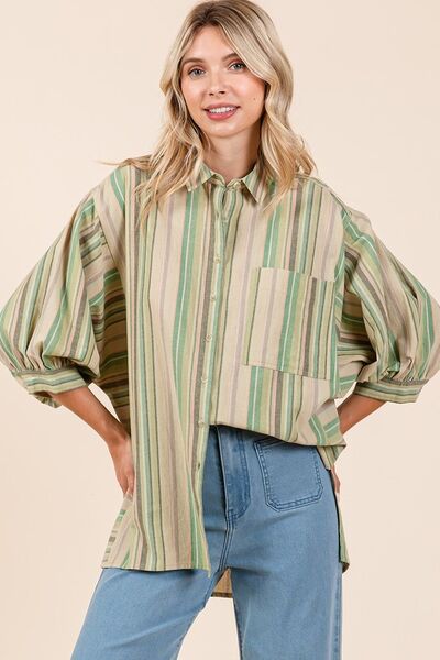 Mittoshop Striped Bubble Sleeve Button Down Shirt - Drazelle Store