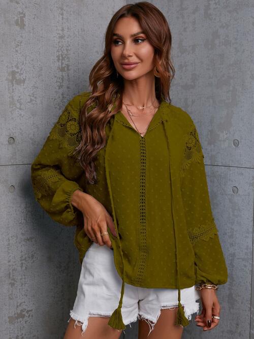 Crochet Tassel Tie Neck Long Sleeve Blouse - Drazelle Store