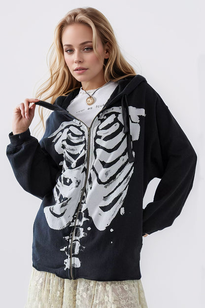 Skeleton Zip Up Drawstring Hoodie - Drazelle Store