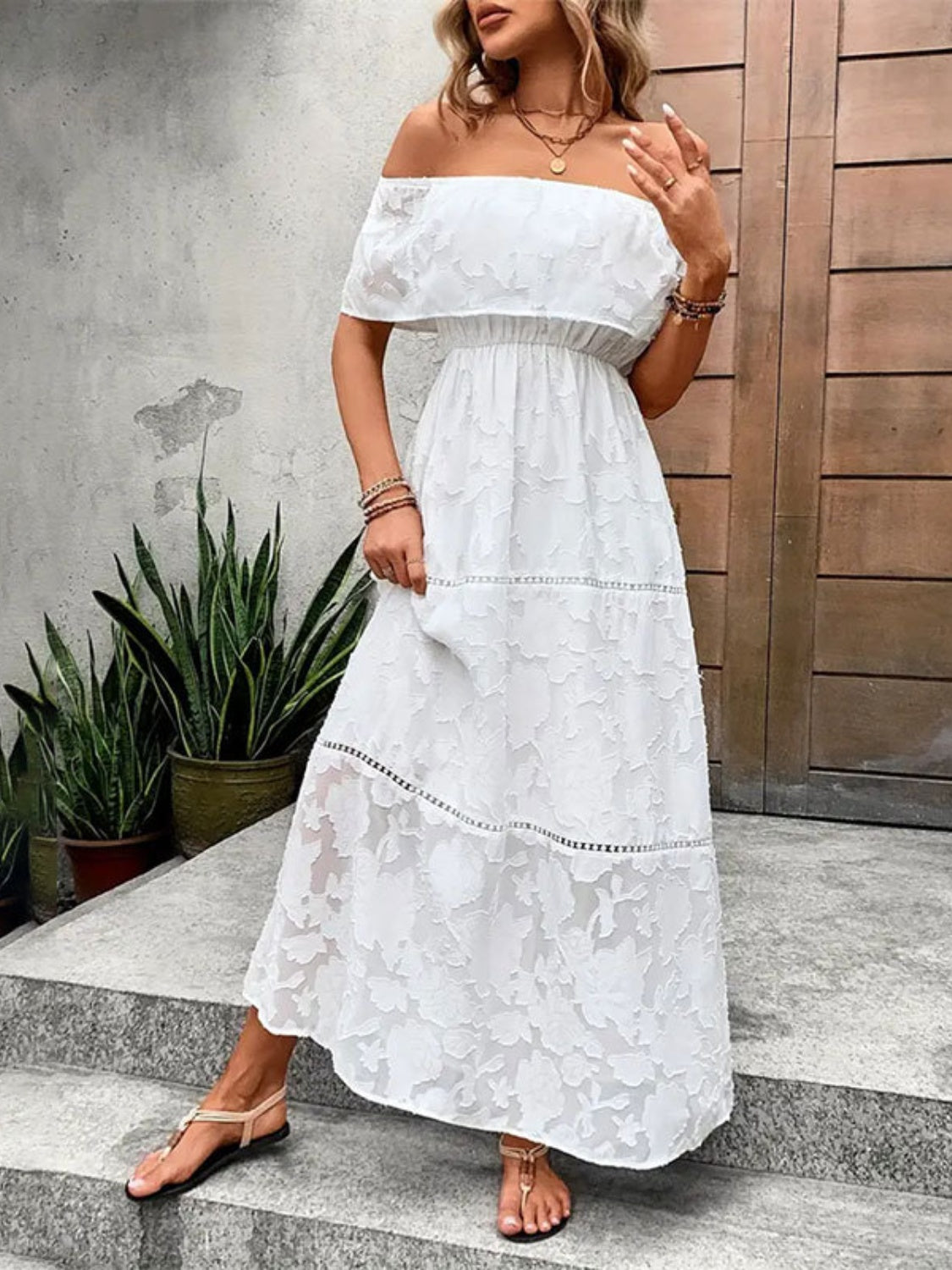 Off-Shoulder Short Sleeve Maxi Dress - Drazelle Store