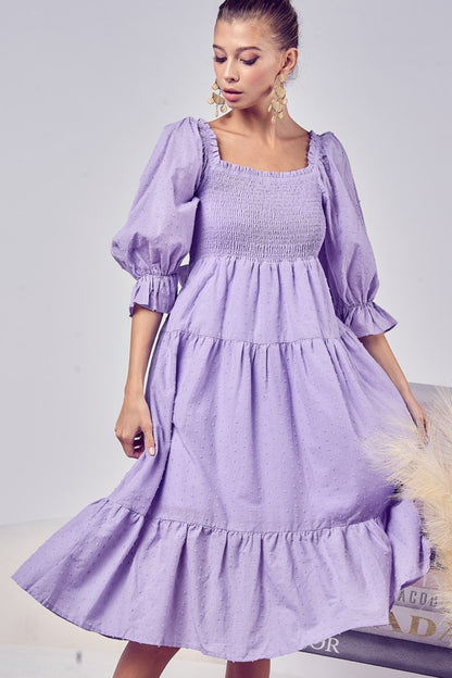 Dot Flounce Sleeve Smocked Tiered Midi Dress - Drazelle Store