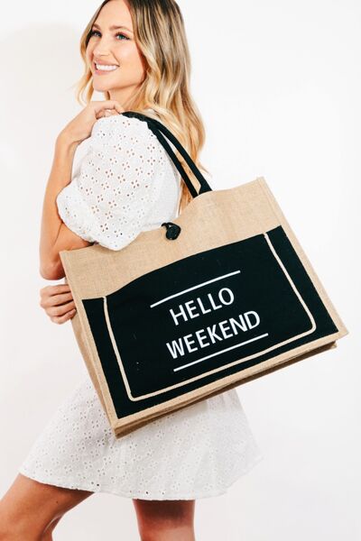 Fame Hello Weekend Burlap Tote Bag - Drazelle Store