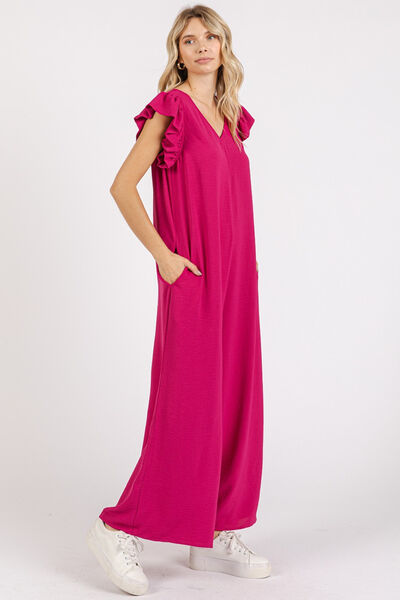 Mittoshop V-Neck Ruffled Cap Sleeve Wide Leg Jumpsuit - Drazelle Store