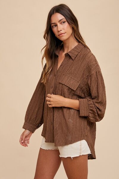 Annie Wear Openwork Button Down Drop Shoulder Shirt - Drazelle Store