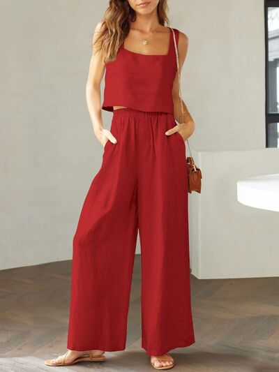 Square Neck Top and Wide Leg Pants Set - Drazelle Store