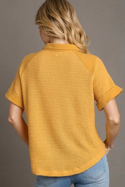 Umgee Full Size Waffle-Knit Short Sleeve Button Down Shirt - Drazelle Store