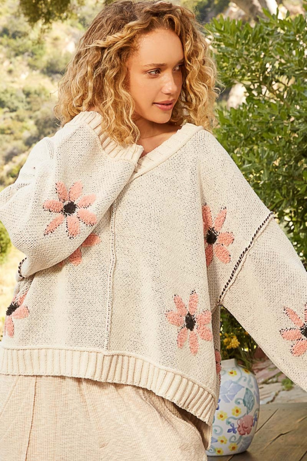 POL V-Neck Floral Pattern Chenille Sweater - Drazelle Store