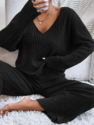 V-Neck Long Sleeve Top and Pants Set - Drazelle Store