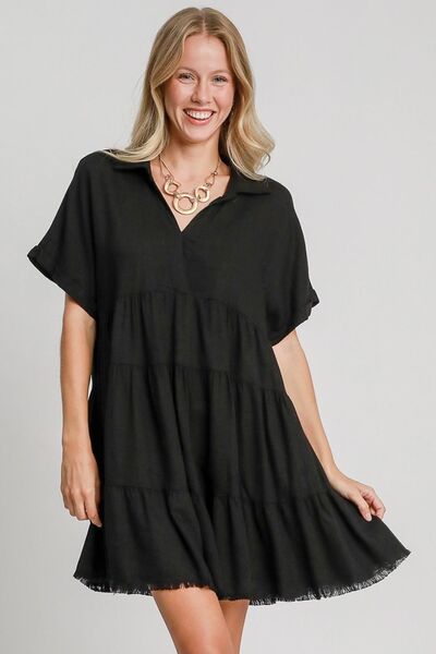 Umgee Full Size Raw Hem Folded Sleeve Tiered Dress Plus Size - Drazelle Store