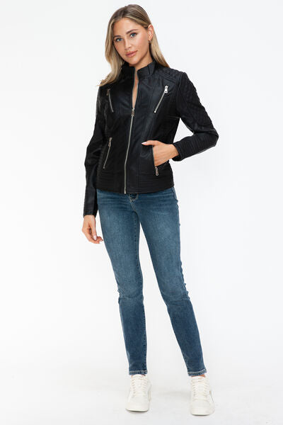 Snobbish Faux Leather Zip Up Mock Neck Jacket - Drazelle Store