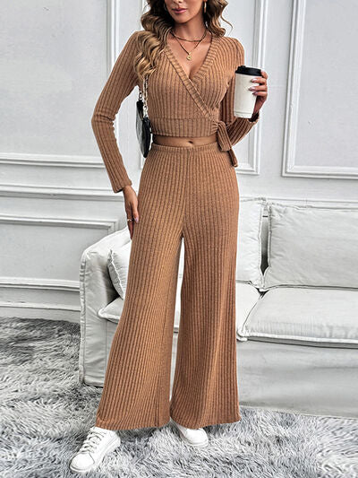 Perfee Surplice Long Sleeve Top and Pants Set - Drazelle Store