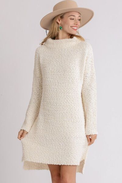 Umgee Full Size High Low Long Sleeve Boucle Sweater Dress - Drazelle Store