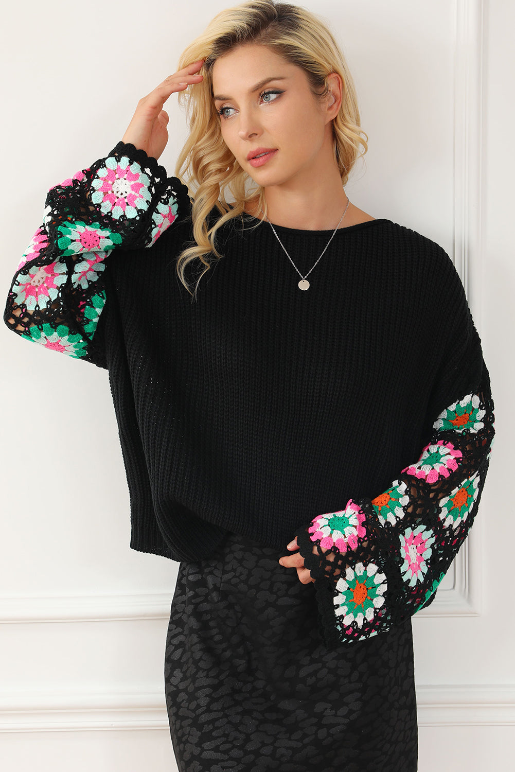 Crochet Round Neck Long Sleeve Knit Top - Drazelle Store