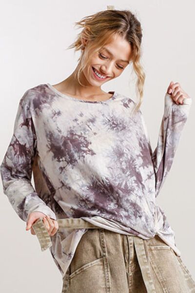 Umgee Full Size Tie Dye Front Gathered Detail Round Neck Long Sleeve T-Shirt Plus Size - Drazelle Store