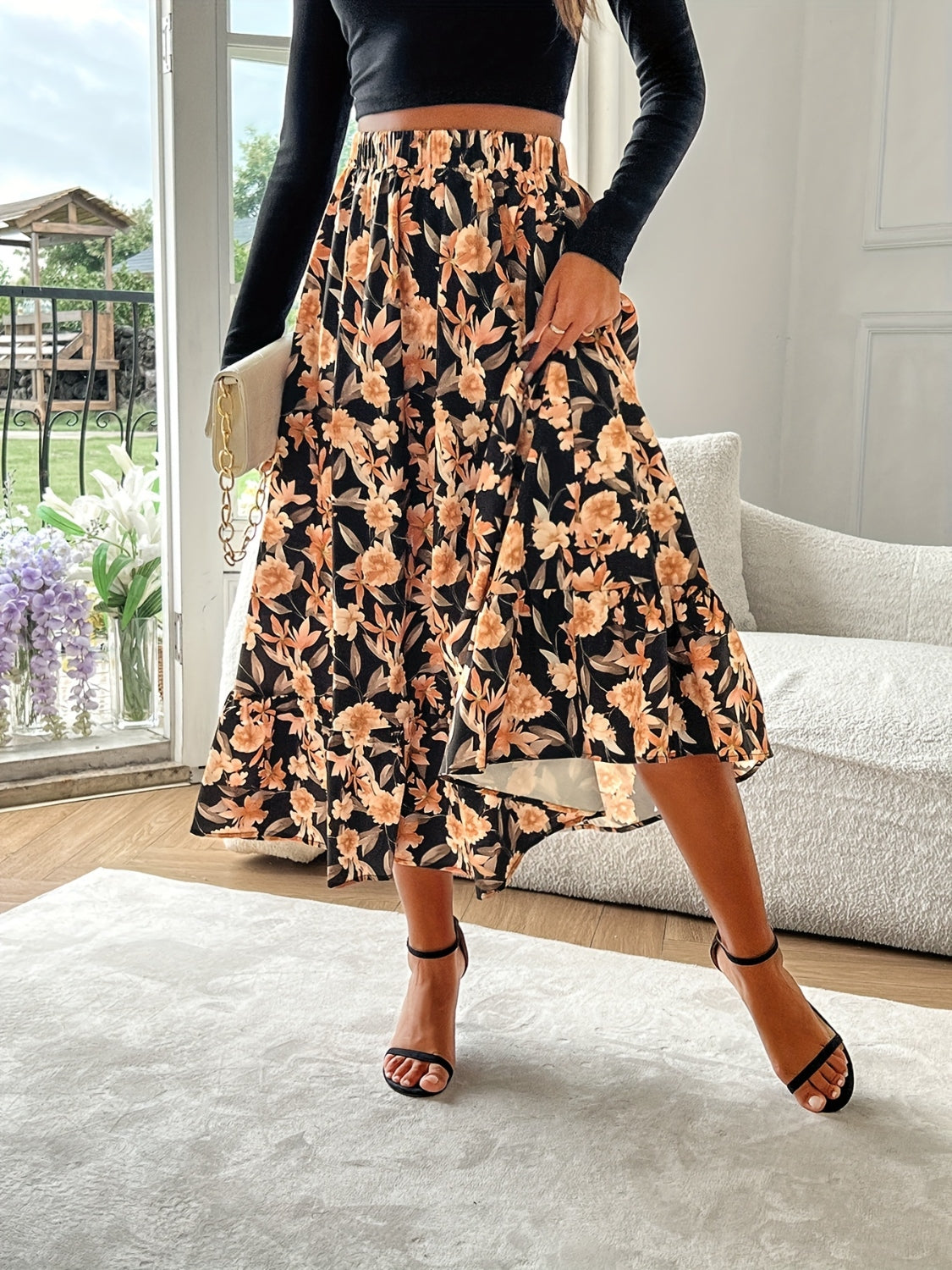 Floral Elastic Waist Midi Skirt - Drazelle Store