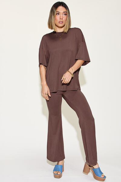 Basic Bae Full Size Bamboo Drop Shoulder T-Shirt and Flare Pants Set - Drazelle Store