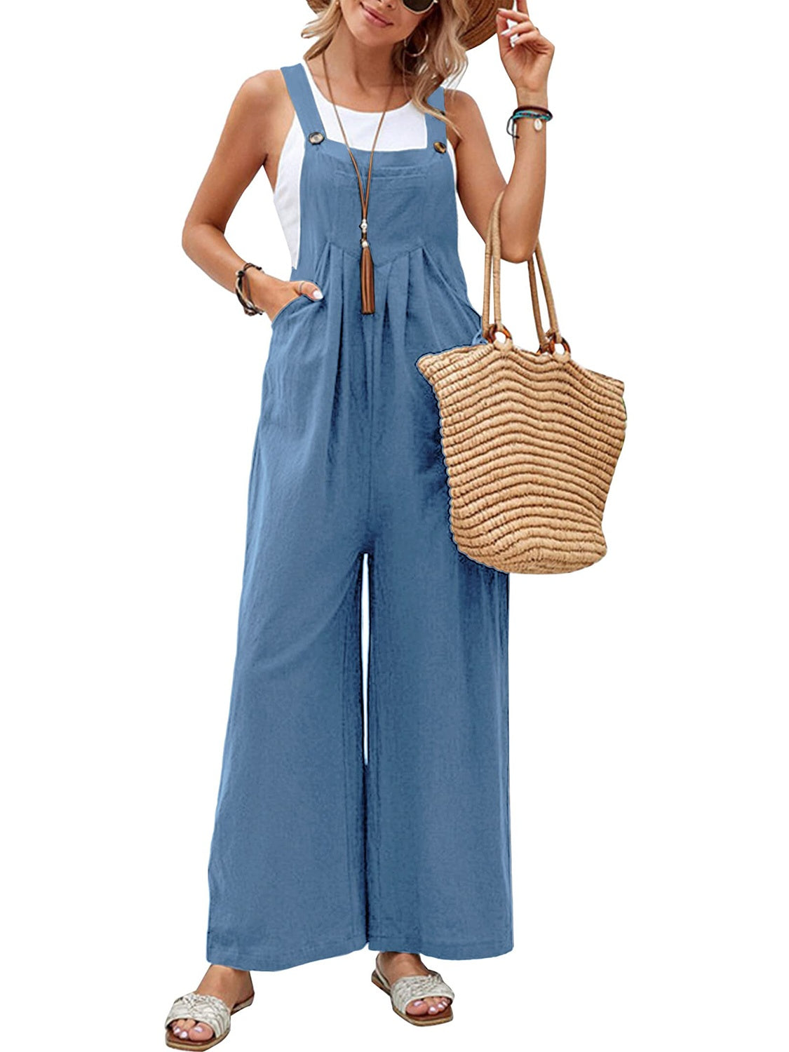 Full Size Square Neck Wide Strap Overalls - Drazelle Store