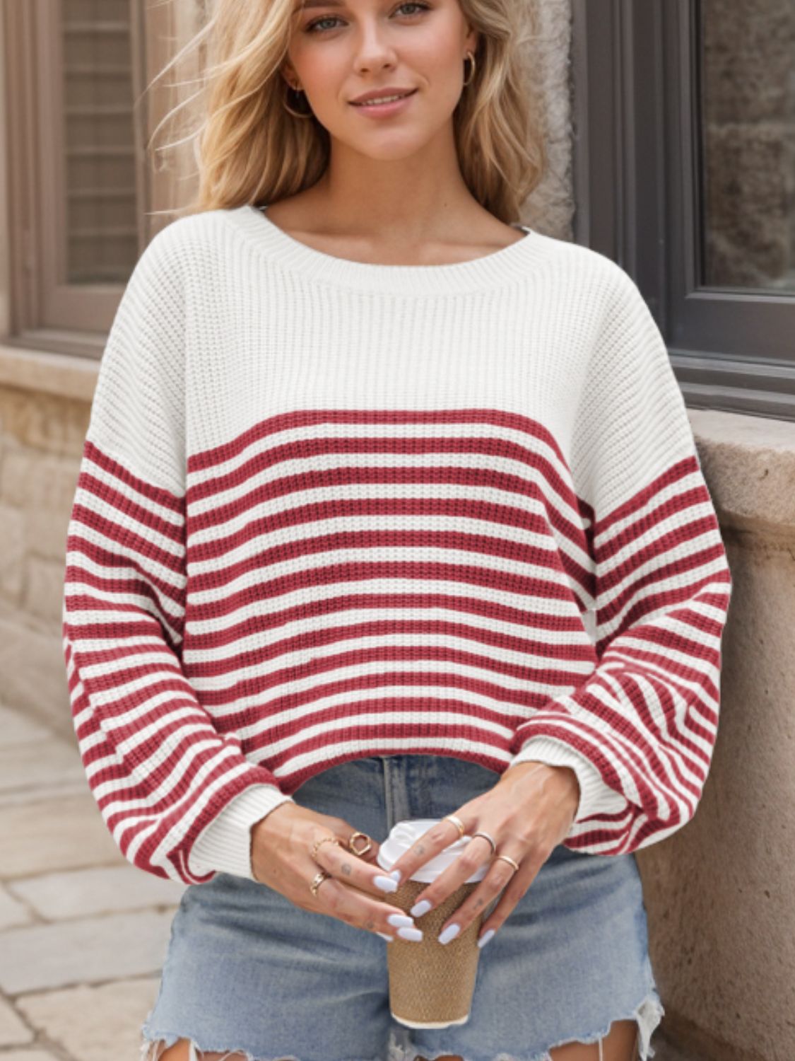 Striped Round Neck Long Sleeve Sweater - Drazelle Store