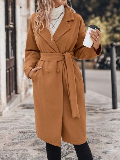 Dropped Shoulder Tie Waist Coat - Drazelle Store