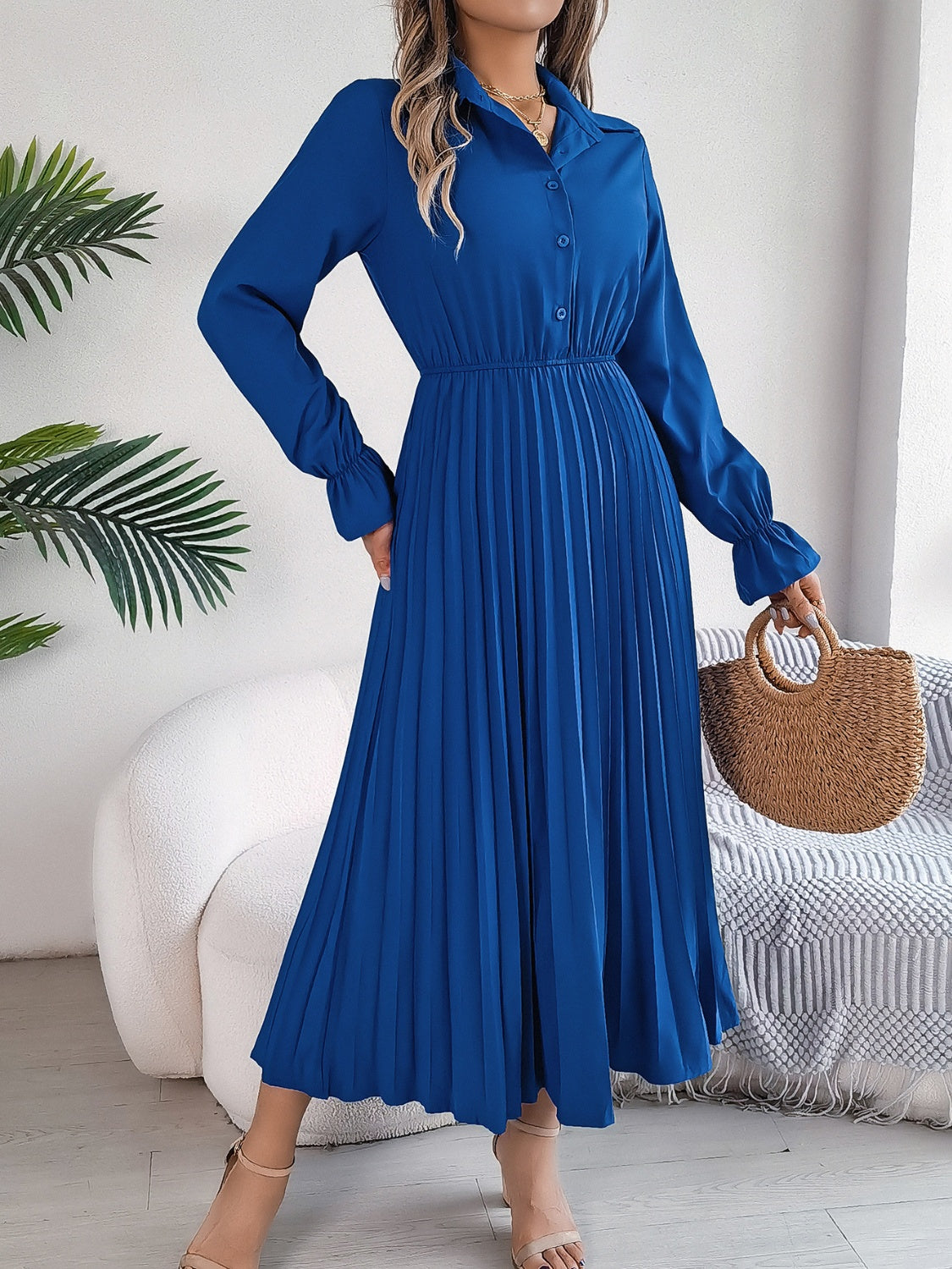 Pleated Half Button Long Sleeve Midi Dress - Drazelle Store