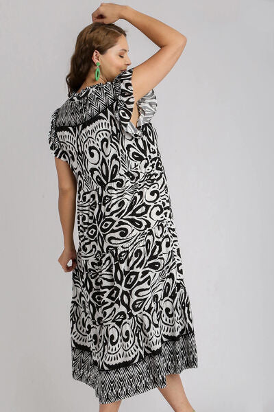 Two Tone Border Print Ruffle Cap Sleeve Midi Dress - Drazelle Store