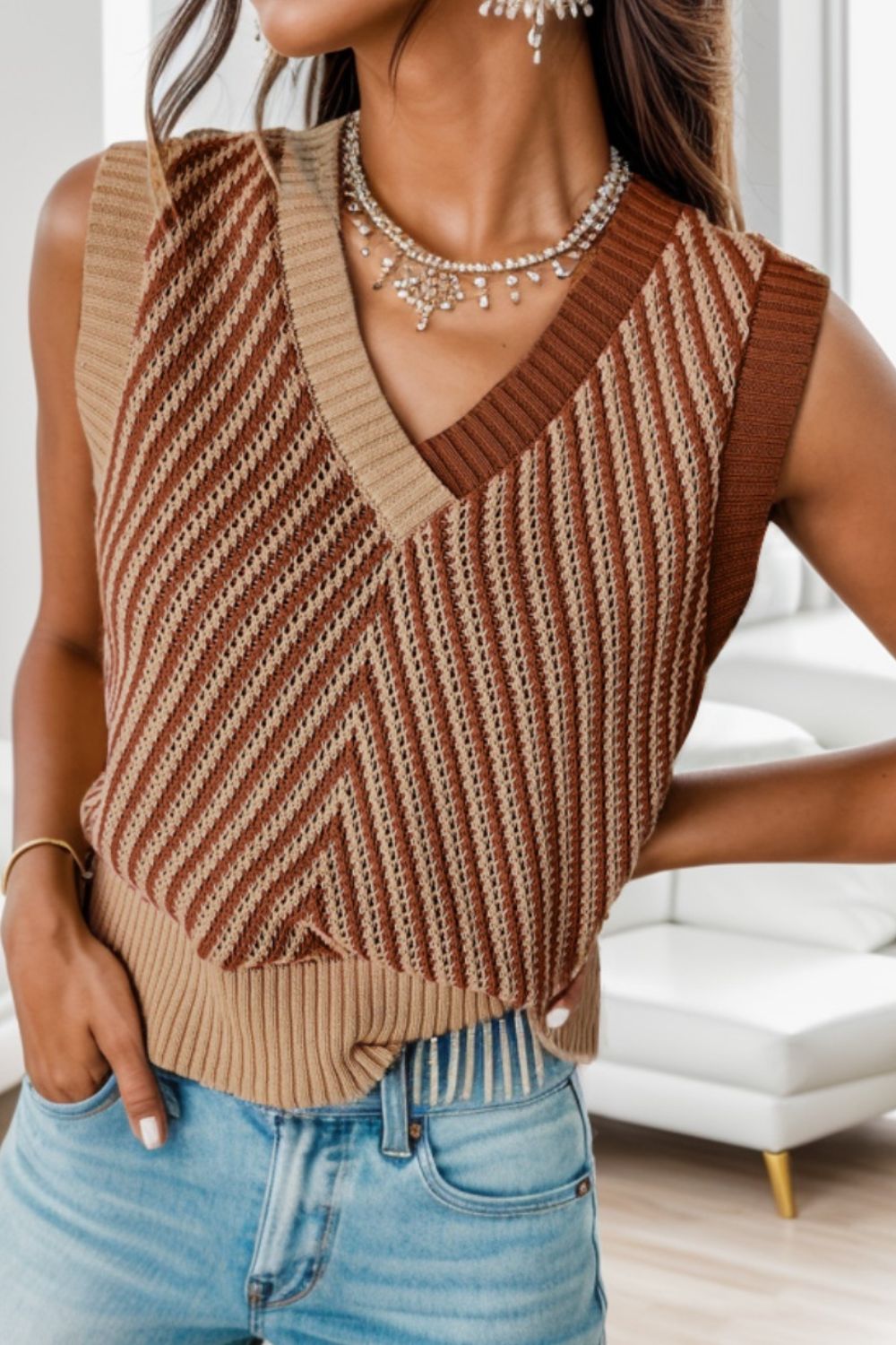 Striped V-Neck Sweater Vest - Drazelle Store