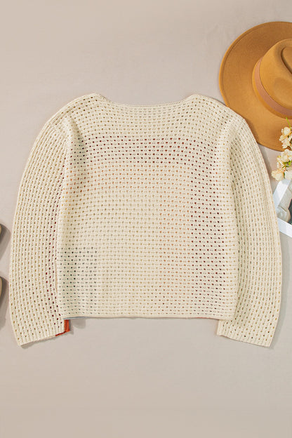 Openwork Color Block Long Sleeve Knit Top - Drazelle Store