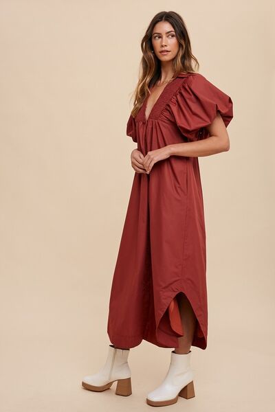 Annie Wear Smocked Puff Sleeve Midi Dress - Drazelle Store 