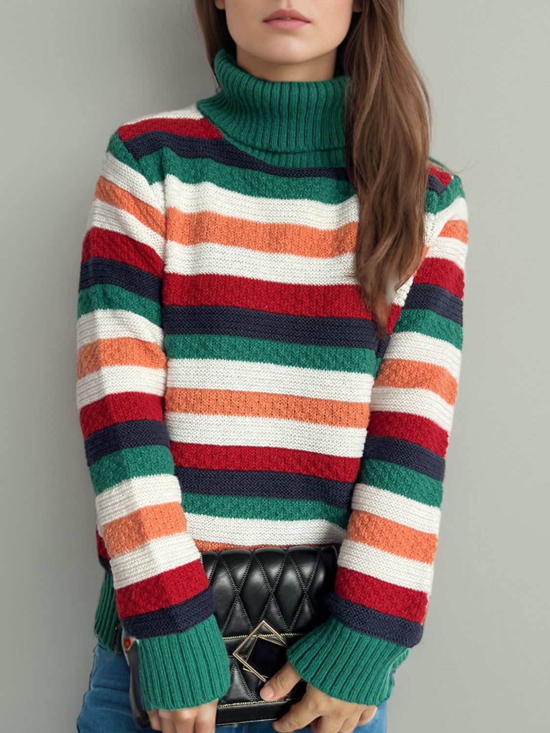 Contrast Stripes Turtleneck Long Sleeve Sweater - Drazelle Store