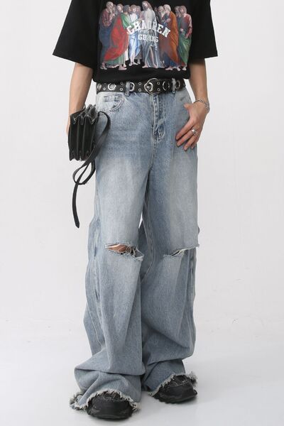 Distressed Raw Hem Wide Leg Men's Jeans - Drazelle Store