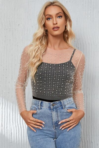 Pearl Long Sleeve Mesh Cropped Top - Drazelle Store