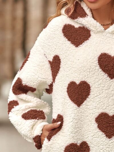 Fuzzy Heart Pocketed Dropped Shoulder Hoodie - Drazelle Store